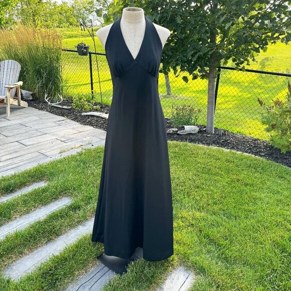 Vintage Dresses & Skirts - Vintage 70s Maxi Dress Black V-Neck Empire Waist Witchy Halter Gown